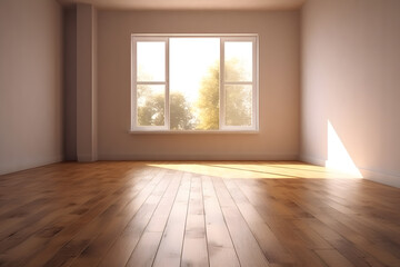 Empty room with white walls and large windows and wooden floor. Lots of sunshine