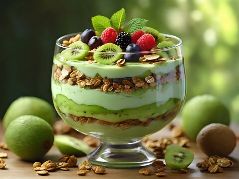 a green fruit parfait, featuring a mix of kiwi, lime, and green apple slices layered with creamy yogurt and granola