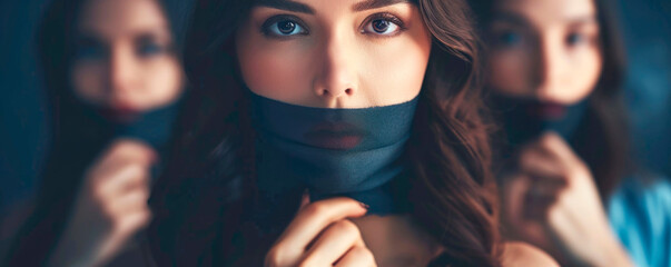 Scared girl with tape on her mouth. AI generated. - obrazy, fototapety, plakaty