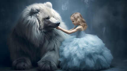 A little girl with a big gray bear. Fairy tale concept