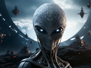Fantasy portrait of alien on a dark futuristic landscape background