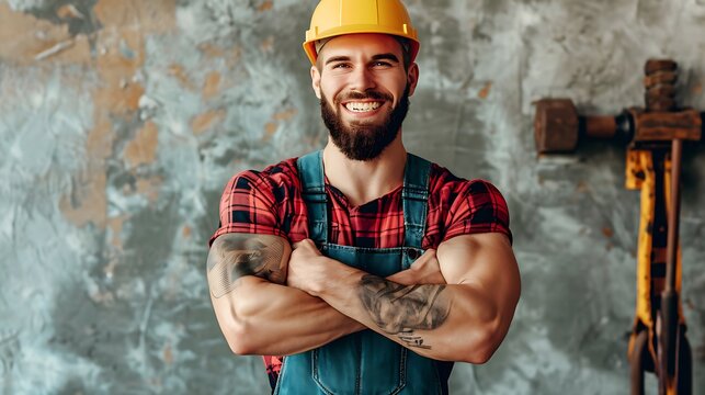 attractive construction worker with safety helmet and muscular arms