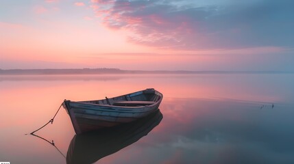 Solitary Boat on Tranquil Waters at Dawn