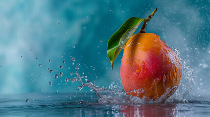  a mango with a water splash as it falls from the wate