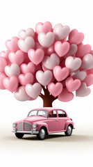 Vintage Pink Car with Heart-Shaped Balloons Tree

