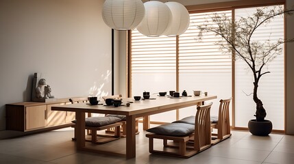 Japanese zen dining area with a serene color palette and minimalist furniture
