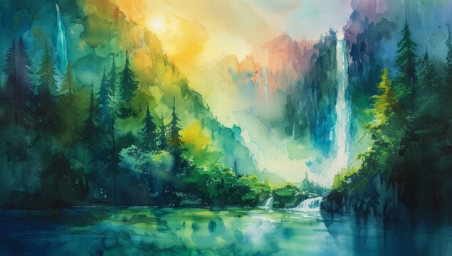 watercolor painting with forest waterfall and mountains Generative AI