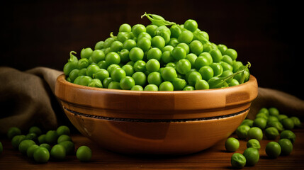 Green peas in wooden bowl.