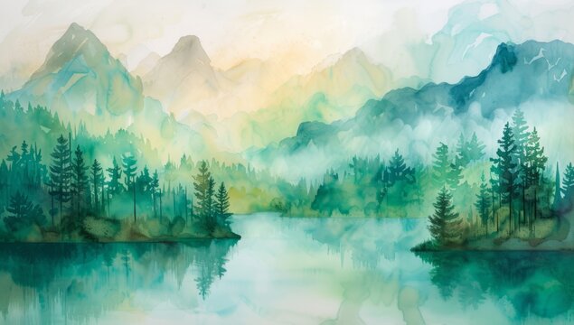 watercolor mountain landscape painting wallpaper with fog Generative AI