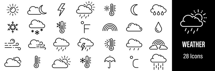 Weather Web Icons. Sunny, Cloudy, Rainy, Snowy, Temperature. Vector in Line Style Icons