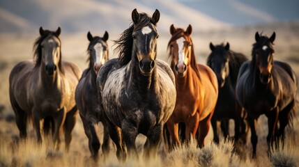 Horses free run on desert storm against sunset sky. Neural network AI generated art