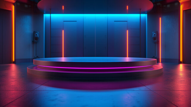 Neon podium with gaming background, mockup display stand for product presentation