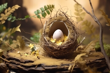 Naklejka na ściany i meble Speckled Easter egg in nest with yellow flowers. Beautiful Easter decoration