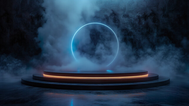Neon podium with gaming background, mockup display stand for product presentation