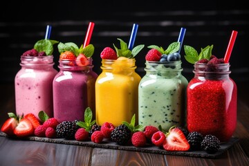 Fresh Fruit Smoothies In Glass Jars,Colorful smoothies in glass jars, with fruits in the foreground, colorful smoothies in glass jars on the wooden table AI generated