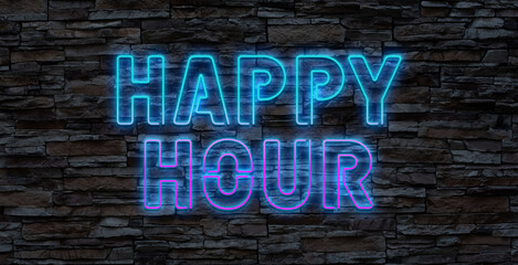 Happy hour neon sign on brick wall background.