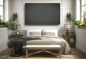  a neutral bedroom with a wall mounted large gray canv