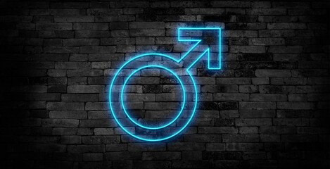 The male symbol in blue neon over black background.