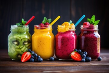 Fresh Fruit Smoothies In Glass Jars,Colorful smoothies in glass jars, with fruits in the...