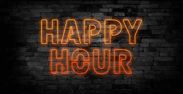 Happy hour neon sign on brick wall background.