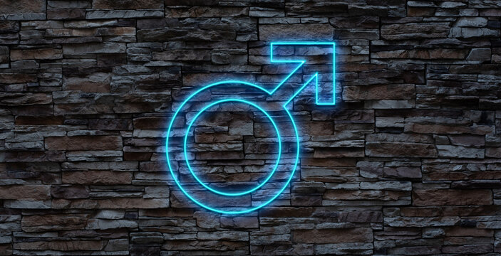 The male symbol in blue neon over black background.