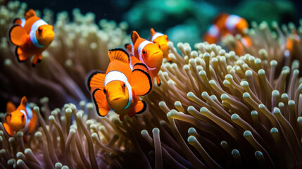 Orange clown fishs swimming in a sea anemone.