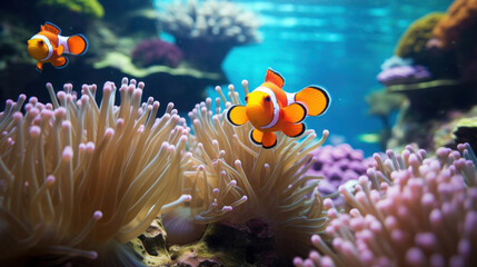 Fototapeta na wymiar Orange clown fishs swimming in a sea anemone.
