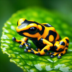 Poisonous yellow frog from tropical regions, Dendrobates leucomelas. AI generated