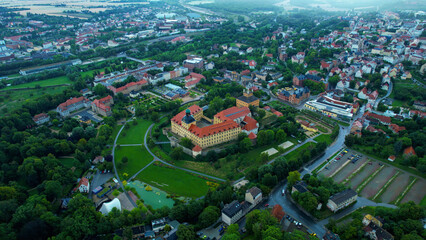 Aerial view around the old town Zeitz in Germany in summer on a stormy day in late afternoon.