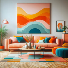 A living room with a couch and a painting.