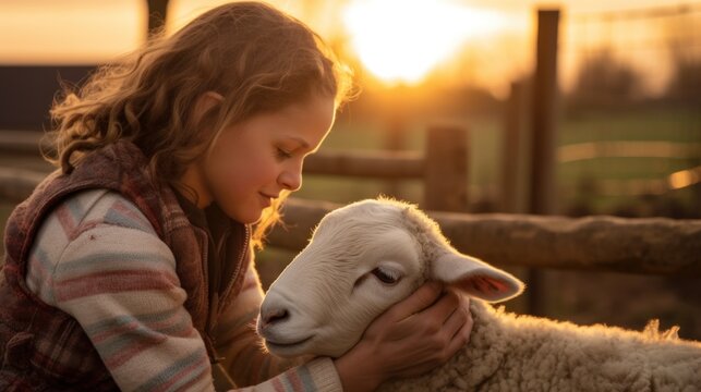 Tender Moment Between Child and Lamb