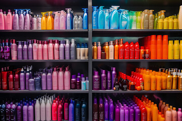  a photo of shelves full of hair care products in - obrazy, fototapety, plakaty
