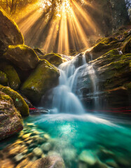 A waterfall time exposure with sun rays - 05