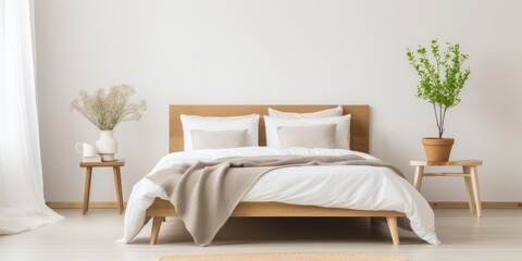 Minimal bedroom interior with wooden stool, bed, blanket, rug, and flowers - real photo.