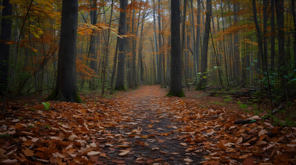 Autumn Pathway Through a Misty Forest