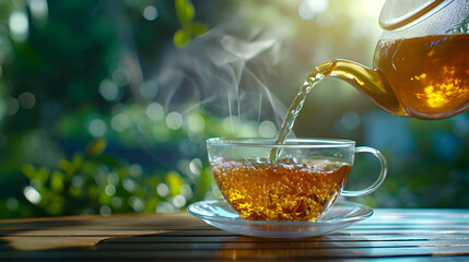 Pours hot tea from glass teapot into a cup on the wooden table with fresh tea leaves on tea plantation background with copy space. Time of Tea concept.