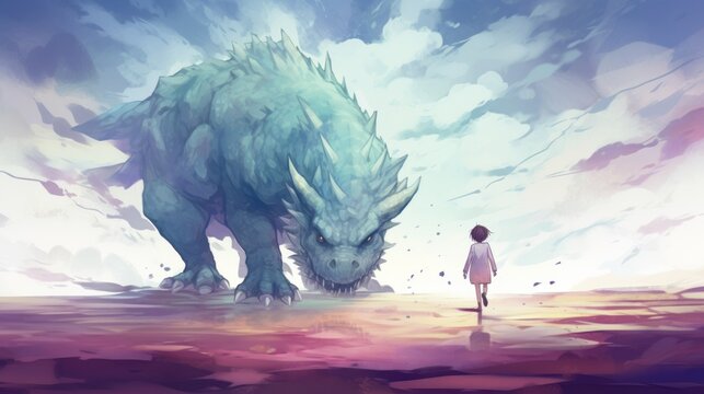 A young girl stands in front of a massive dragon in a field of purple grass. The sky is filled with fluffy clouds.