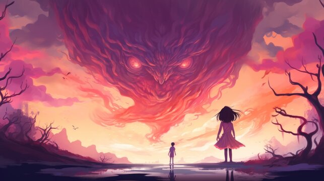 A giant monster with red eyes towers over two children in a barren landscape.