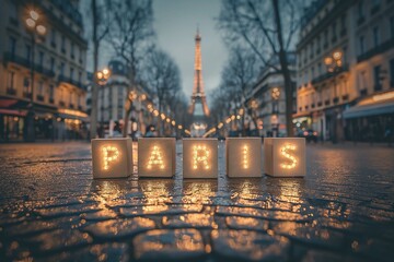 Enchanting Parisian Night Scene Illuminated by 'PARIS' Letter Blocks - obrazy, fototapety, plakaty