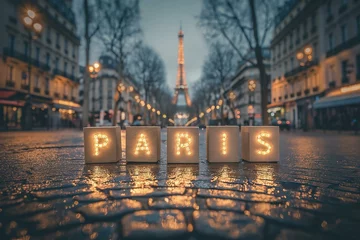 Gordijnen Enchanting Parisian Night Scene Illuminated by 'PARIS' Letter Blocks © Virginie Verglas