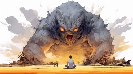 A man sits cross-legged in front of a giant, angry monster.