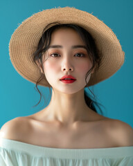 Portrait of an Asian girl wearing a straw hat on a blue background