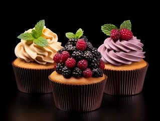 Set of cupcakes with berries and mint on a dark background