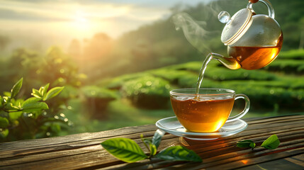 Pours hot tea from glass teapot into a cup on the wooden table with fresh tea leaves on tea plantation background with copy space. Time of Tea concept. - obrazy, fototapety, plakaty