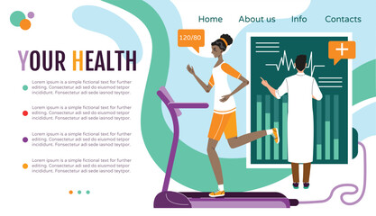 African woman running on treadmill in fitness session while doctor monitors health stats. Health consultation with professional feedback on exercise routine. Doctor presenting health data, promoting