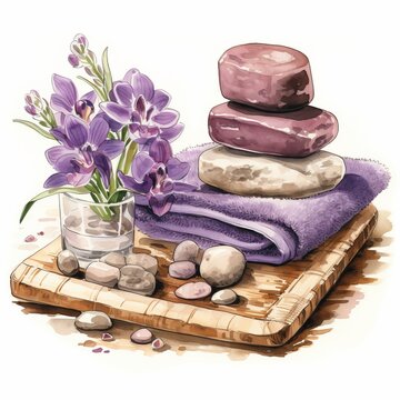Spa Essentials. Sauna Towels, Relaxation, Aromatherapy, Watercolor Image for Wellness