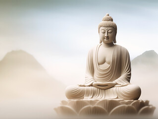 white Buddha statue on a light background with copy space