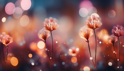 Transparent round flowers in the rays of sunlight. Magical landscape.
Concept: background, wallpaper, banner, flora, sunset. - obrazy, fototapety, plakaty
