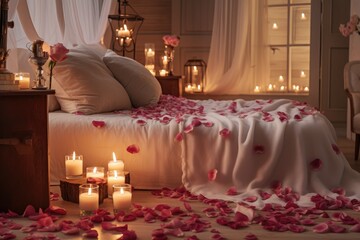 Bright bedroom interior. Bed with rose petals and candles. Valentine's Day