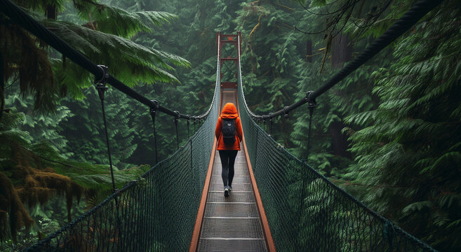 Fototapeta Woman Tree Top Forest Bridge Travel Concept